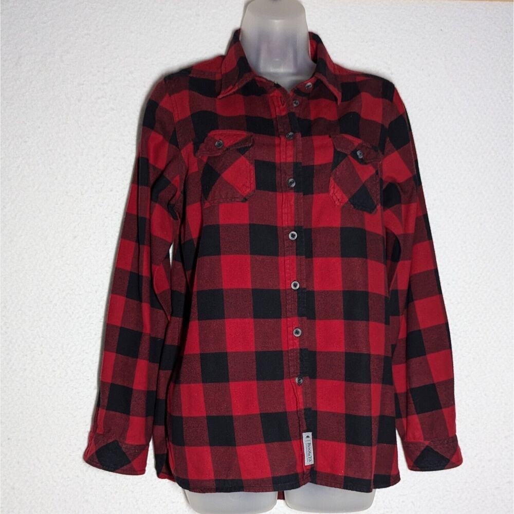 Roots 73 Flannel Plaid Shirt Women Sz Medium Red Black Cabincore Cozy Hi Low Hem